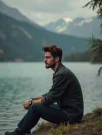 man in deep contemplation, sitting by a tranquil lake