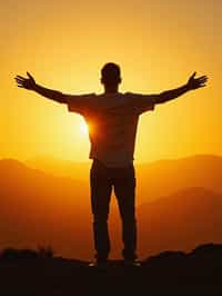 a spiritual seeker man standing with outstretched armsat sunrise