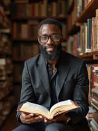 man surrounded by books or sacred texts