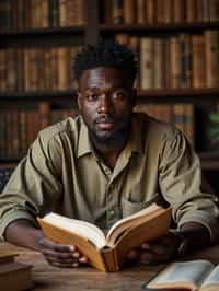 man surrounded by books or sacred texts