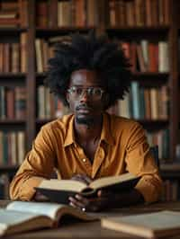 man surrounded by books or sacred texts