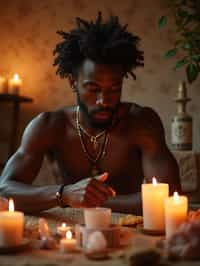 man in a serene indoor space, surrounded by candles, crystals, and sacred symbols