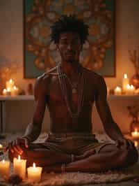 man in a serene indoor space, surrounded by candles, crystals, and sacred symbols