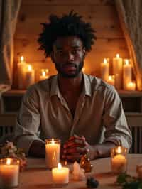 man in a serene indoor space, surrounded by candles, crystals, and sacred symbols