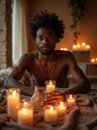 man in a serene indoor space, surrounded by candles, crystals, and sacred symbols