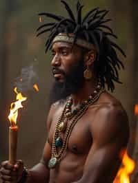 man engaged in a sacred ritual or ceremony, adorned with symbolic attire