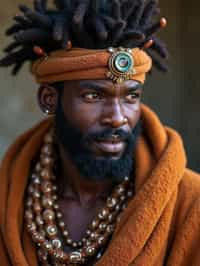 man engaged in a sacred ritual or ceremony, adorned with symbolic attire