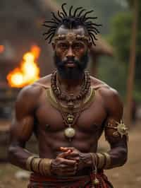 man engaged in a sacred ritual or ceremony, adorned with symbolic attire