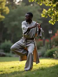 man practicing Tai Chi in a serene garden