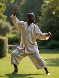 man practicing Tai Chi in a serene garden