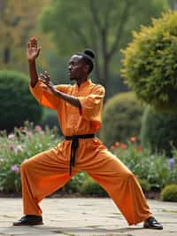 man practicing Tai Chi in a serene garden