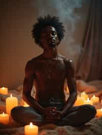 man practicing mindfulness surrounded by candles or incense