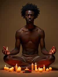 man practicing mindfulness surrounded by candles or incense