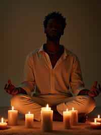 man practicing mindfulness surrounded by candles or incense