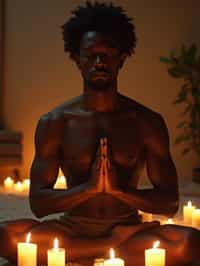 man practicing mindfulness surrounded by candles or incense