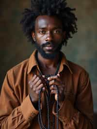 man holding prayer beads or a sacred object,