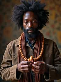 man holding prayer beads or a sacred object,