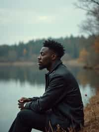 man in deep contemplation, sitting by a tranquil lake