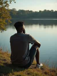 man in deep contemplation, sitting by a tranquil lake