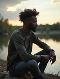 man in deep contemplation, sitting by a tranquil lake