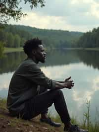 man in deep contemplation, sitting by a tranquil lake