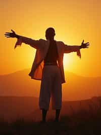 a spiritual seeker man standing with outstretched armsat sunrise