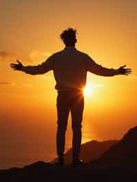 a spiritual seeker man standing with outstretched armsat sunrise