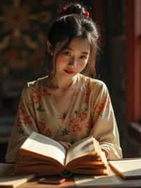 woman surrounded by books or sacred texts