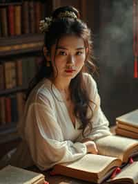 woman surrounded by books or sacred texts