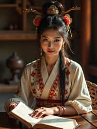 woman surrounded by books or sacred texts