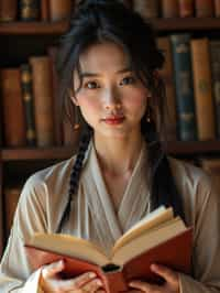 woman surrounded by books or sacred texts