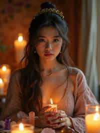 woman in a serene indoor space, surrounded by candles, crystals, and sacred symbols