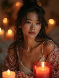 woman in a serene indoor space, surrounded by candles, crystals, and sacred symbols