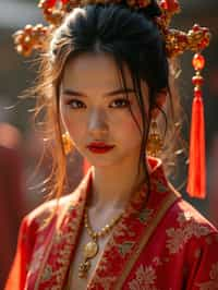 woman engaged in a sacred ritual or ceremony, adorned with symbolic attire