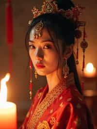 woman engaged in a sacred ritual or ceremony, adorned with symbolic attire