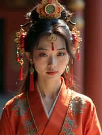 woman engaged in a sacred ritual or ceremony, adorned with symbolic attire