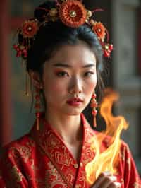 woman engaged in a sacred ritual or ceremony, adorned with symbolic attire