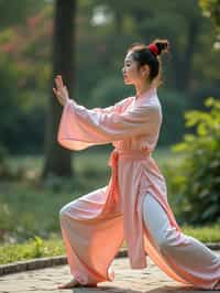 woman practicing Tai Chi in a serene garden