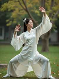 woman practicing Tai Chi in a serene garden