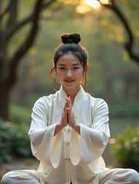 woman practicing Tai Chi in a serene garden