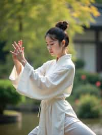 woman practicing Tai Chi in a serene garden