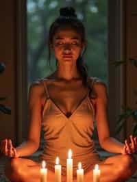 woman practicing mindfulness surrounded by candles or incense