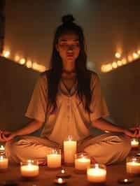 woman practicing mindfulness surrounded by candles or incense