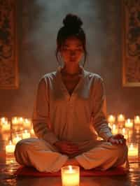 woman practicing mindfulness surrounded by candles or incense