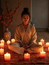 woman practicing mindfulness surrounded by candles or incense