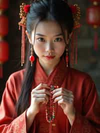 woman holding prayer beads or a sacred object,