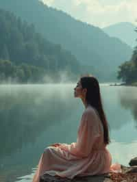 woman in deep contemplation, sitting by a tranquil lake