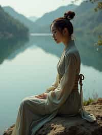 woman in deep contemplation, sitting by a tranquil lake