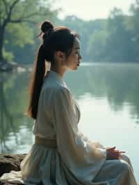 woman in deep contemplation, sitting by a tranquil lake