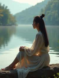 woman in deep contemplation, sitting by a tranquil lake